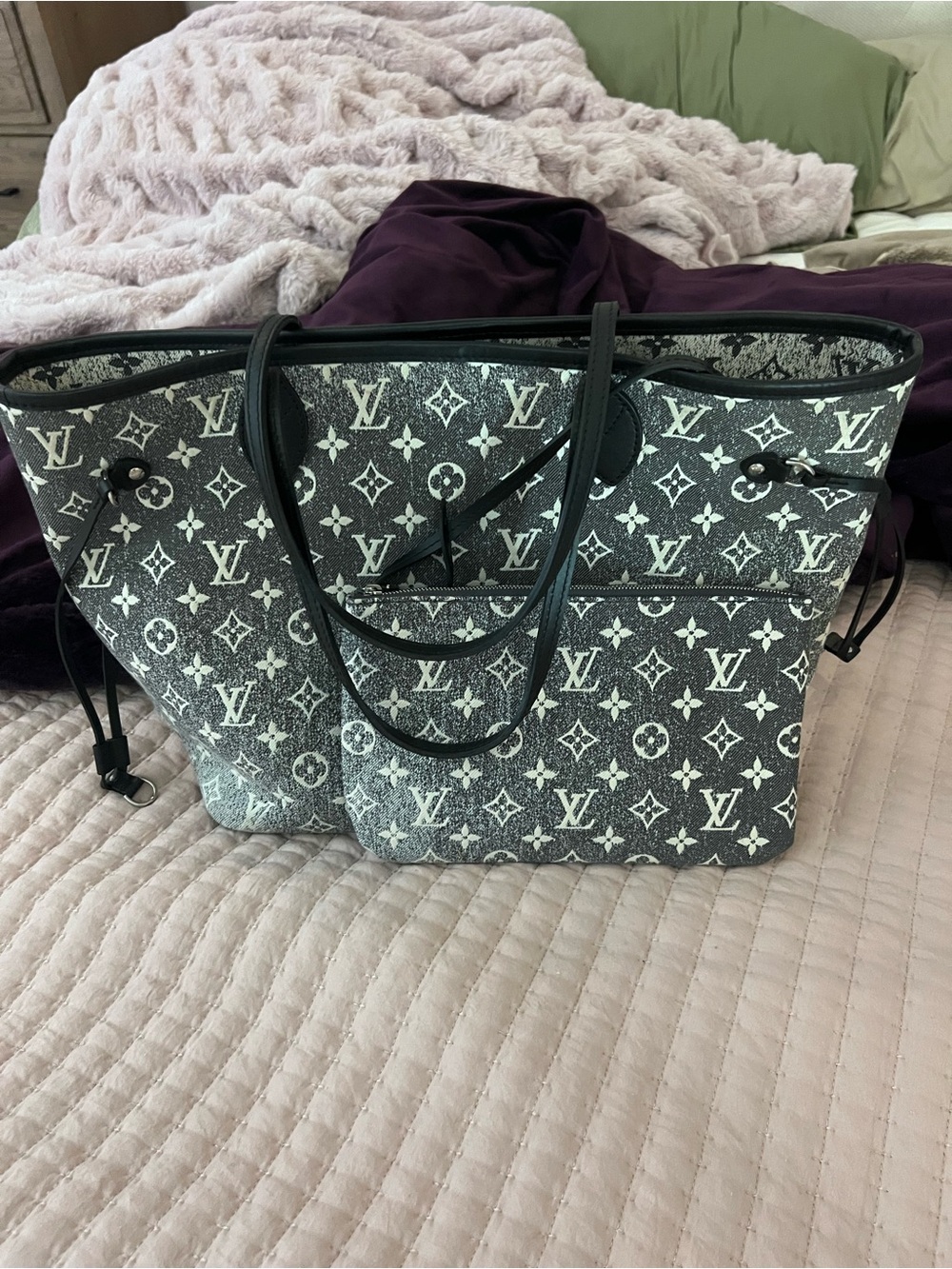 Louis Vuitton MM Denim Jacquard Neverfull Grey Black & White with Pochette